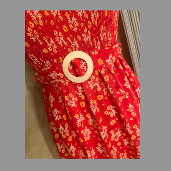 Red Floral Strapless Smocked Midi Dress with Ruffle Hem - Picture 2 of 3